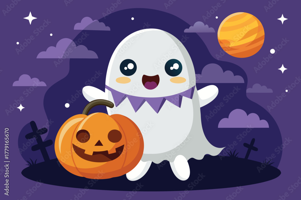 Fototapeta premium Cute ghost holding a jack o lantern on halloween night