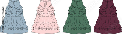 Collection of tiered ruffled dresses in four different pastel and jewel tone colors, presented as fashion design sketches
