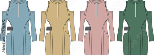 Collection of trendy cutout dresses in various colors for fashion design and apparel concept