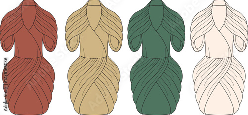 Four variations of a stylized draped dress in red, tan, green, and cream, showcasing elegant fabric folds and a flattering silhouette, perfect for fashion design and illustrations