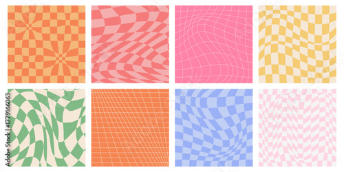 Groovy y2k checker pattern set with retro distorted grid backgrounds in pastel colors. Warped checkered textures and wavy geometric designs with trippy optical illusion effect for vintage posters.