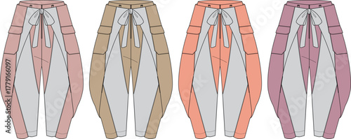 Collection of women's casual trousers with high waist and tie detail. Fashion technical flat illustration and vector clothing template for design