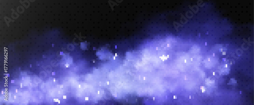 Magic smoke with sparkle dust and fog cloud on purple background. Dreamy cosmic nebula atmosphere by glowing stars and particles in mystical night sky scene for fantasy or spiritual designs.