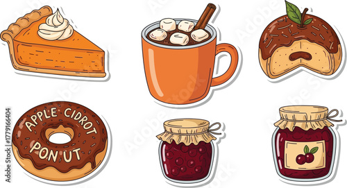 Cozy autumn comfort drinks and sweet baked goods set including hot chocolate, donuts, coffee, spices, and jam vector illustration