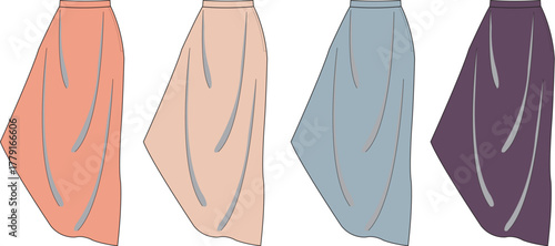 Various colored long flowing skirts displayed side-by-side, showcasing different shades of apparel