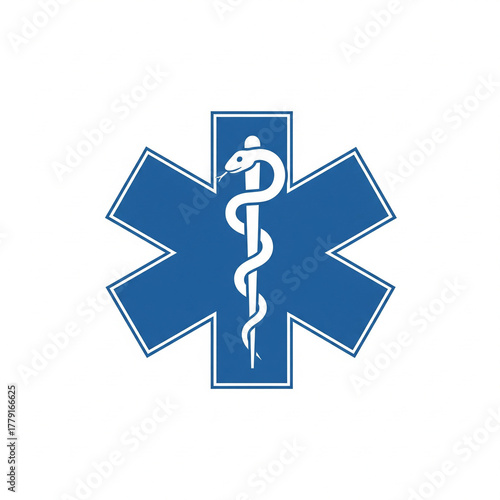 Blue medical emergency services icon featuring a white snake staff and six-pointed cross, universally recognized for healthcare, first aid, and urgent response