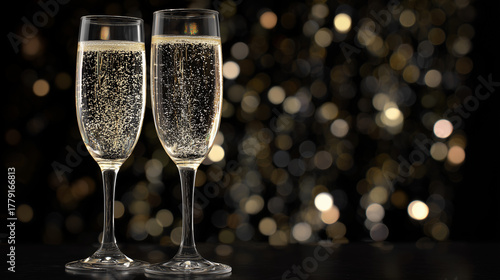Two champagne glasses with golden bubbles on dark bokeh background