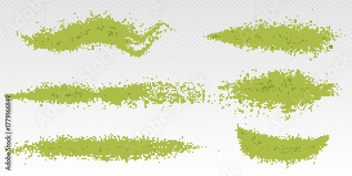 Matcha powder splash set with green tea dust particles isolated on transparent background. Vector collection of scattered organic speckles and textured clouds for healthy beverage design elements.