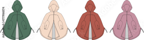 Stylish and versatile hooded outerwear illustrations in a range of colors, perfect for fashion design, outdoor apparel concepts, and seasonal clothing projects