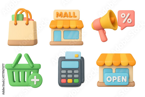 3d shopping icons: store, cart, megaphone, payment, market sign