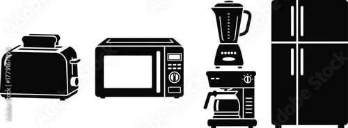 Set of black and white solid silhouette kitchen appliances and home electronic gadgets vector icons and illustrations