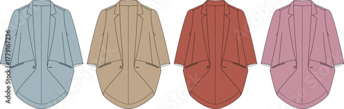 Collection of technical flat sketches for a women's tailcoat style jacket, featuring zipper details and presented in four different color palettes