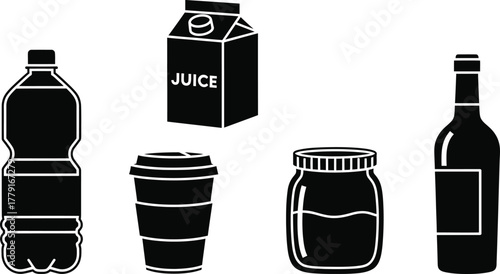 Collection of black silhouette bottles and containers for liquid products like olive oil, wine, and cleaning supplies vector illustration