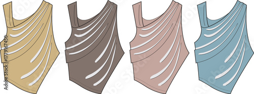 Set of stylish women's one-shoulder asymmetrical tops with draped details. Fashion illustration of summer blouses in four different colors