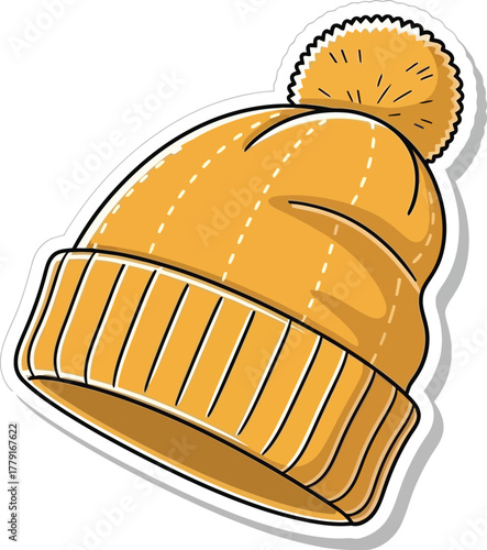 Hand-drawn vector illustration of a cozy bright yellow and orange woolen knitted winter hat or beanie with a pom-pom