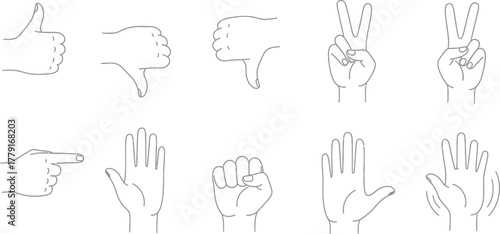 Set of hand-drawn vector outline hand gestures and counting signs including thumbs up/down, pointing, peace, and numbers in vector illustration