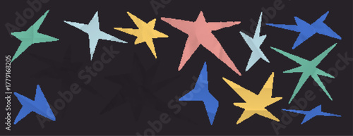 Paper star collage elements with torn cutout shapes in pastel colors on dark background. Vector set of handmade zine stickers - colorful geometric forms for scrapbook or craft design projects.