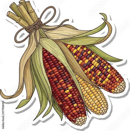 Hand-drawn vector illustration of dried yellow and orange cobs of Indian corn or maize with husks, perfect for autumn harvest themes
