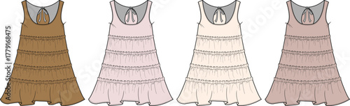 Fashionable girls’ dresses with tiered skirts and cute collars in four distinct color options