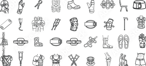 Collection of hand drawn line art illustrations of various mechanical components and abstract shapes isolated on transparent background