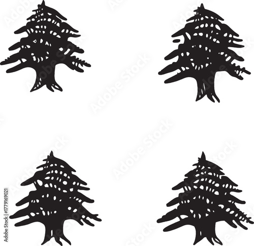 Evergreen tree icon set – black silhouette illustrations of stylized conifer trees for nature design, seasonal branding, and outdoor visuals.