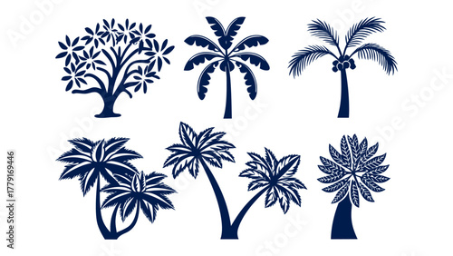 Tropical Flora's Variety: a collection of stylized tree illustrations showcasing the variety of tropical flora, each one meticulously crafted and bursting with natural charm