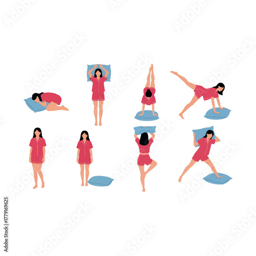 Woman in pink pajamas with pillows, showing different sleeping, relaxing, and playful poses, vector illustration