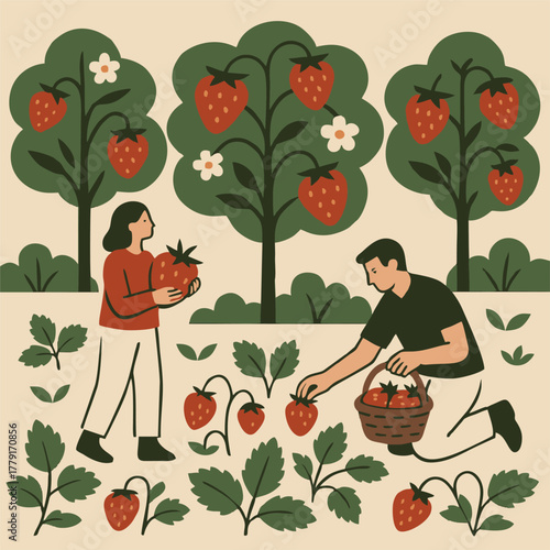 A charming illustration of two people harvesting strawberries under large fruit trees.