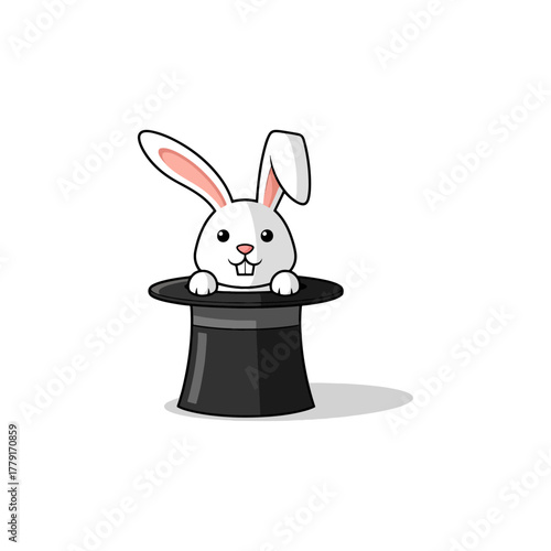 Cute white rabbit character peeking out of a black magician's hat, a classic magic trick illustration.