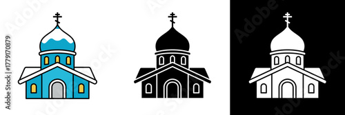 An Orthodox-style church with a blue dome topped with a cross, snow detail, and glowing windows, evoking a calm winter holiday and religious peace.