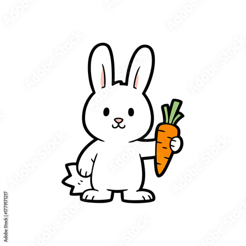 Cute cartoon white rabbit holding a fresh orange carrot, adorable fluffy bunny character standing upright