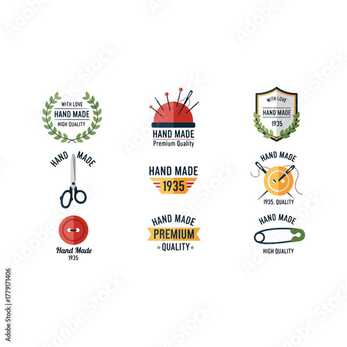 Handmade craft labels collection, featuring sewing tools, quality emblems, and vintage design elements