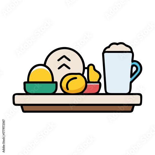 Food platter with various dishes and drink in flat design style, colorful arrangement
