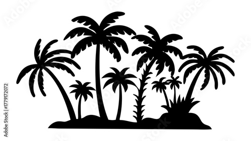 Tropical Palm Trees Silhouette: A stark black silhouette of a cluster of tropical palm trees against a blank background, conveying a sense of serenity and the essence of a tropical getaway.