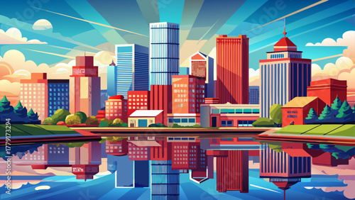 Very beautiful skyline of Shreveport, Louisiana, USA, with modern high-rise buildings reflecting in the Red River under a clear blue sky, realistic cityscape with warm afternoon lighting.