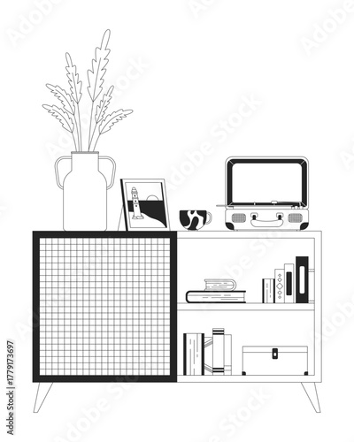 Mid-century wooden cabinet with eclectic decor 2D line object. Retro sideboard with dried stalks vase, books, suitcase turntable isolated clipart vector ink outline item. Monochrome spot illustration