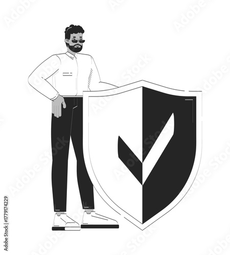Black male insurer standing behind security shield doodle linear character. African american assurer suggesting insurance 2D vector outline person isolated. Hand drawn drawing illustration monochrome
