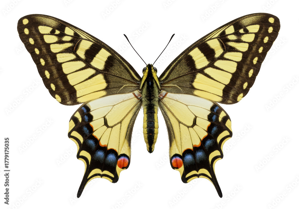 Fototapeta premium Isolated Eastern tiger swallowtail butterfly with wings spread, top view, vibrant colors