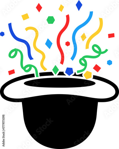 Colorful confetti and streamers fly out of a black inverted bowler hat. Celebration, magic, surprise, magic.