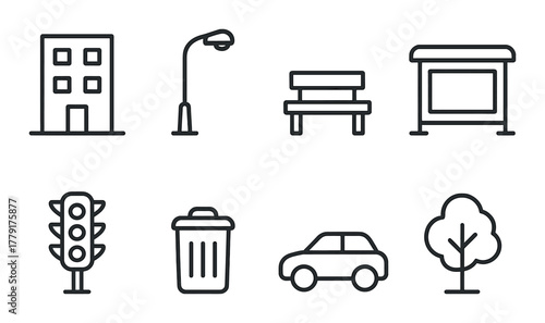 Urban elements icon set: building, streetlamp, bench, billboard, traffic light, trash can, car, tree