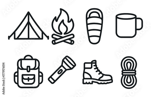Camping essentials icons: tent, campfire, sleeping bag, mug, backpack, flashlight, boot, rope