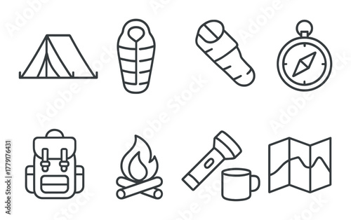 Camping essentials: tent, sleeping bag, compass, backpack, campfire, flashlight, mug, map icons
