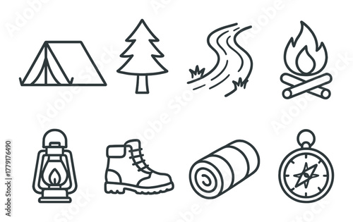 Camping symbols collection: tent, tree, stream, fire, lantern, boot, sleeping bag, compass