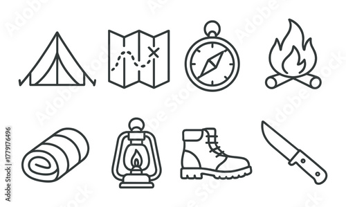 Camping essentials: tent, map, compass, campfire, sleeping bag, lantern, boots, knife