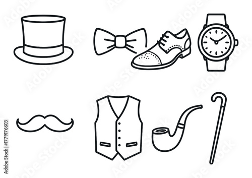 Classic gentleman's accessories: top hat, bow tie, watch, shoe, vest, pipe, cane