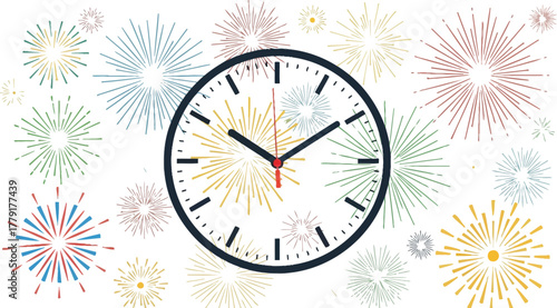 Clockwithcolorfulfireworksisolatedonwhitebackgroundfornewyeareve