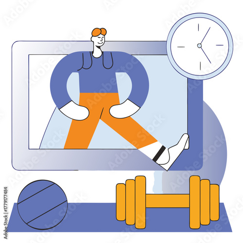 Man demonstrating exercise with online fitness coach and time