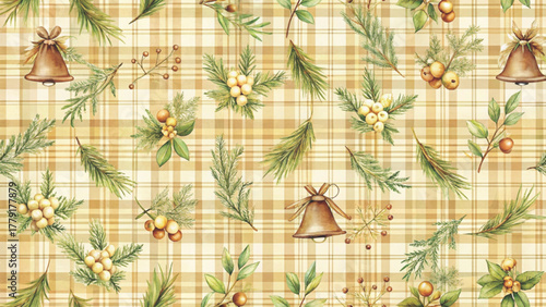 pastel sage green and ivory watercolor plaid  adorned with small watercolor bells and holly leaves Background 