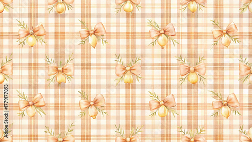 pastel sage green and ivory watercolor plaid  adorned with small watercolor bells and holly leaves Background 