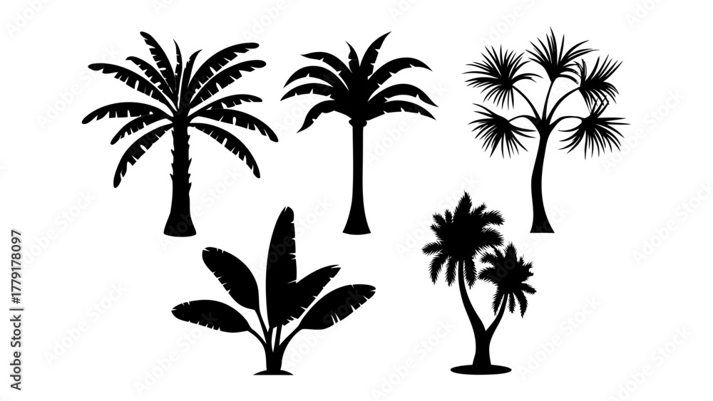 Fototapeta premium Tropical Foliage Silhouettes: A collection of lush tropical foliage and palm tree silhouettes in a display of botanical shapes, showcasing the intricate details of their elegant forms.